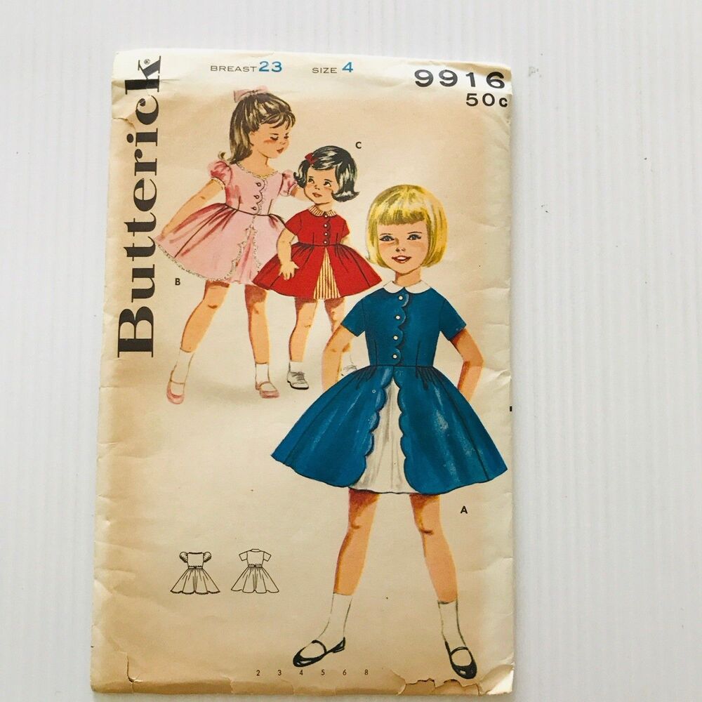 Vintage 1960's Butterick Sewing Pattern 9916 Girls Dress Scalloped Front Sz 4